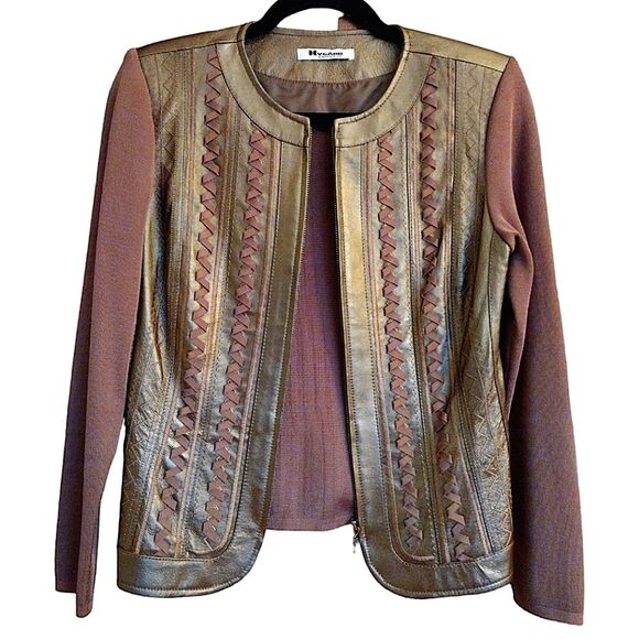 Nygard Collection Leather & Knit Jacket, Size Small (4-6), Bronze/Gold/Brown - Picture 3 of 7